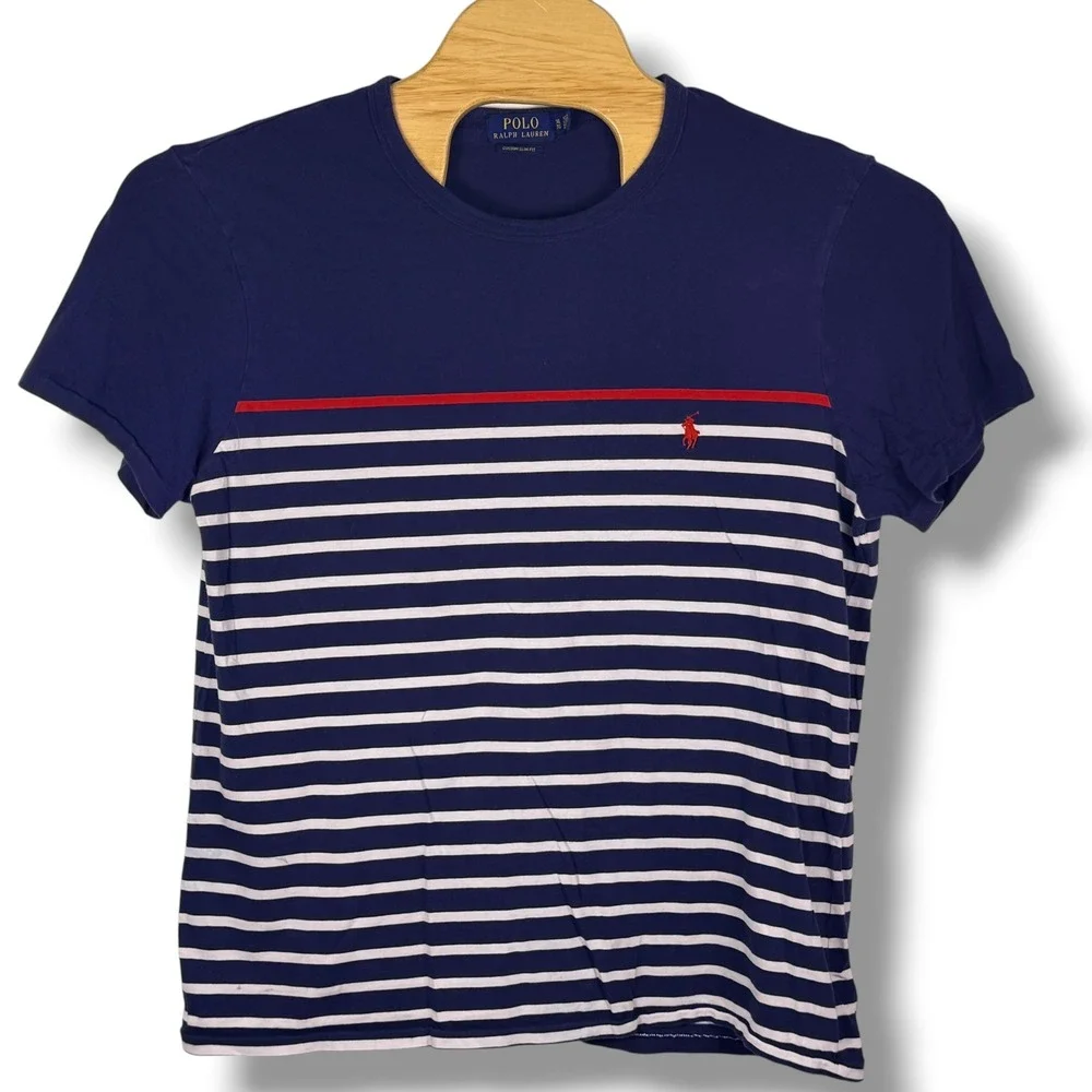 Polo Ralph Lauren Crewneck Shirt Men XL Blue Red Stripe Custom Slim Fit Nautical
